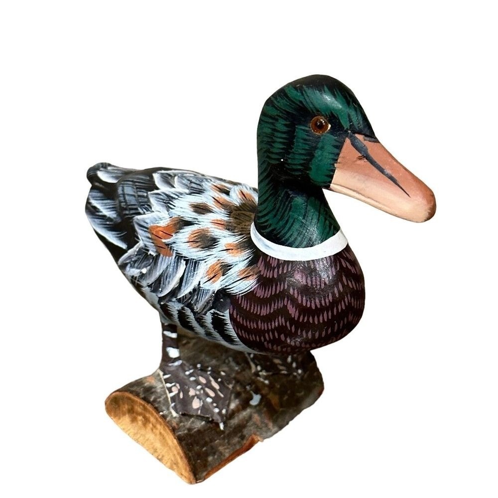 Figurine Mallard Duck Bird Wooden 4 Inch Standing Hand Carved Painted Multicolor